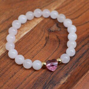 Handmade Rose Quartz Beaded Bracelet Pink Crystal Heart